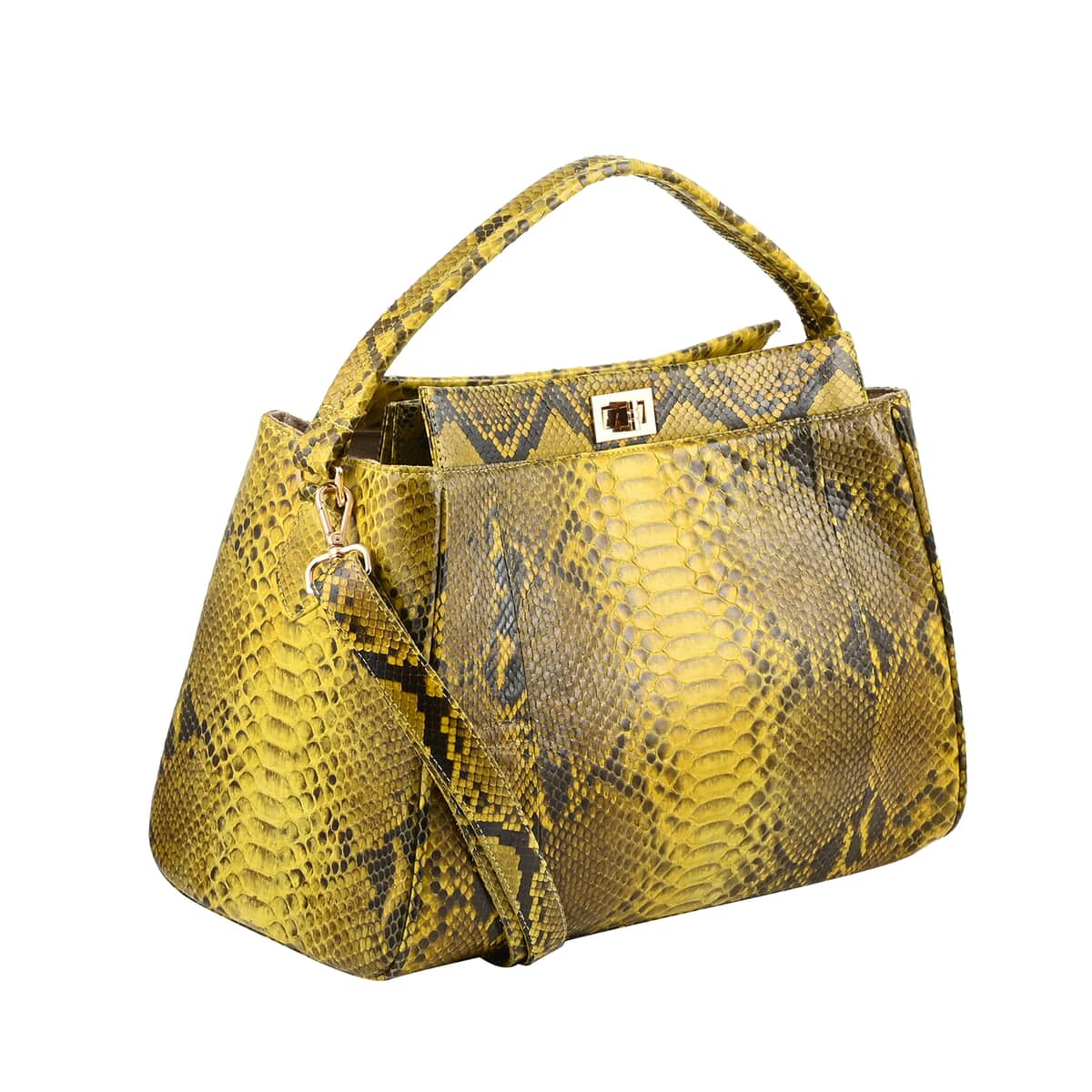 The Pelle Collection Handmade 100% Genuine Python Leather Golden & Yellow Tote Bag with Detachable and Adjustable Strap image number 2