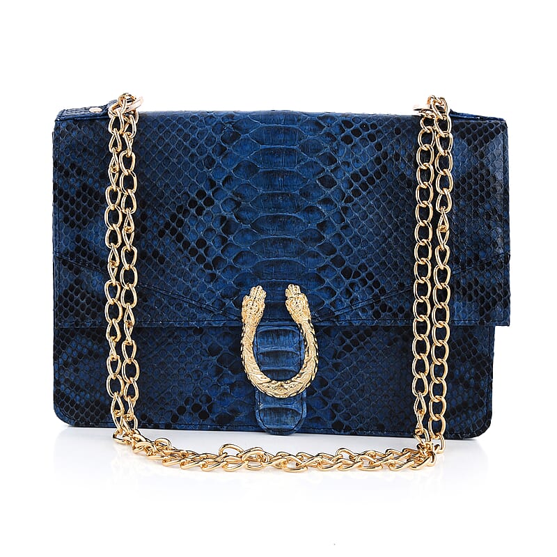 The Pelle Collection Handmade 100% Genuine Python Leather Blue Crossbody Bag