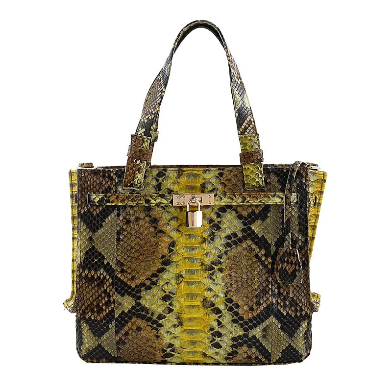 The Pelle Collection Handmade 100% Genuine Python Leather Tote Bag, Yellow & Brown Work Tote Bag For Women, Zipper Bag For Office