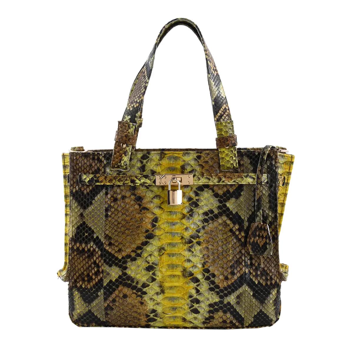 The Pelle Python Collection Handmade 100% Genuine Python Leather Yellow & Brown Tote Bag (12"x10"x4.5") image number 0
