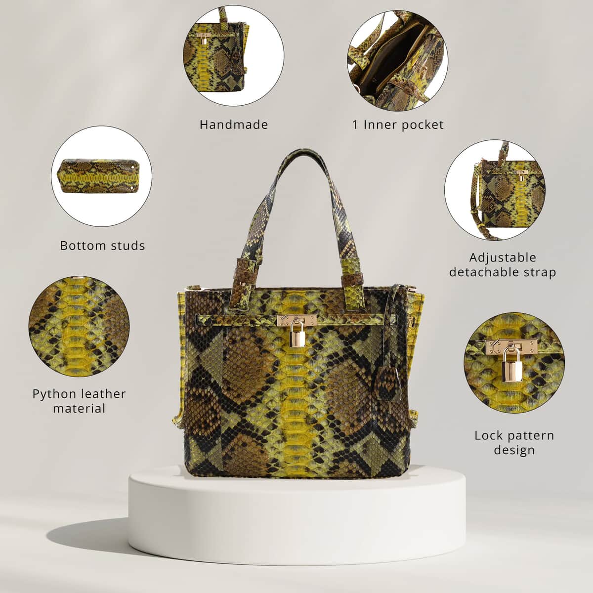 The Pelle Python Collection Handmade 100% Genuine Python Leather Yellow & Brown Tote Bag (12"x10"x4.5") image number 1