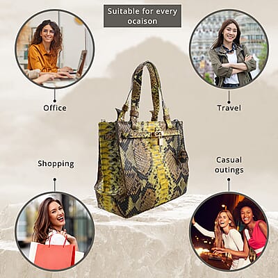 The Pelle Collection Handmade 100% Genuine Python Leather Tote Bag, Yellow & Brown Work Tote Bag For Women, Zipper Bag For Office