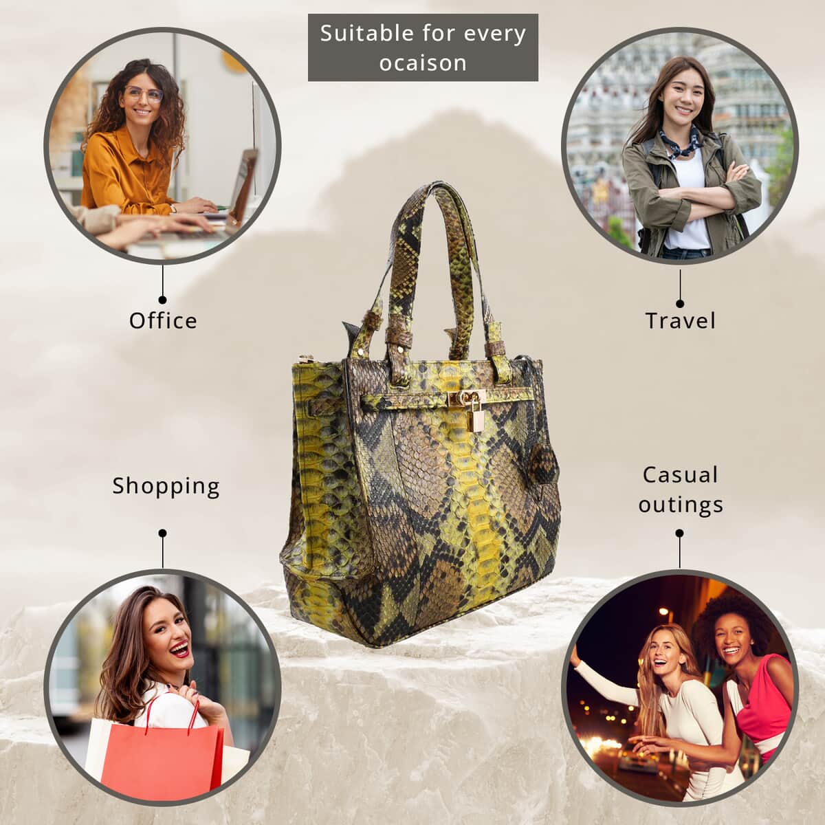 The Pelle Collection Handmade 100% Genuine Python Leather Tote Bag, Yellow & Brown Work Tote Bag For Women, Zipper Bag For Office image number 2