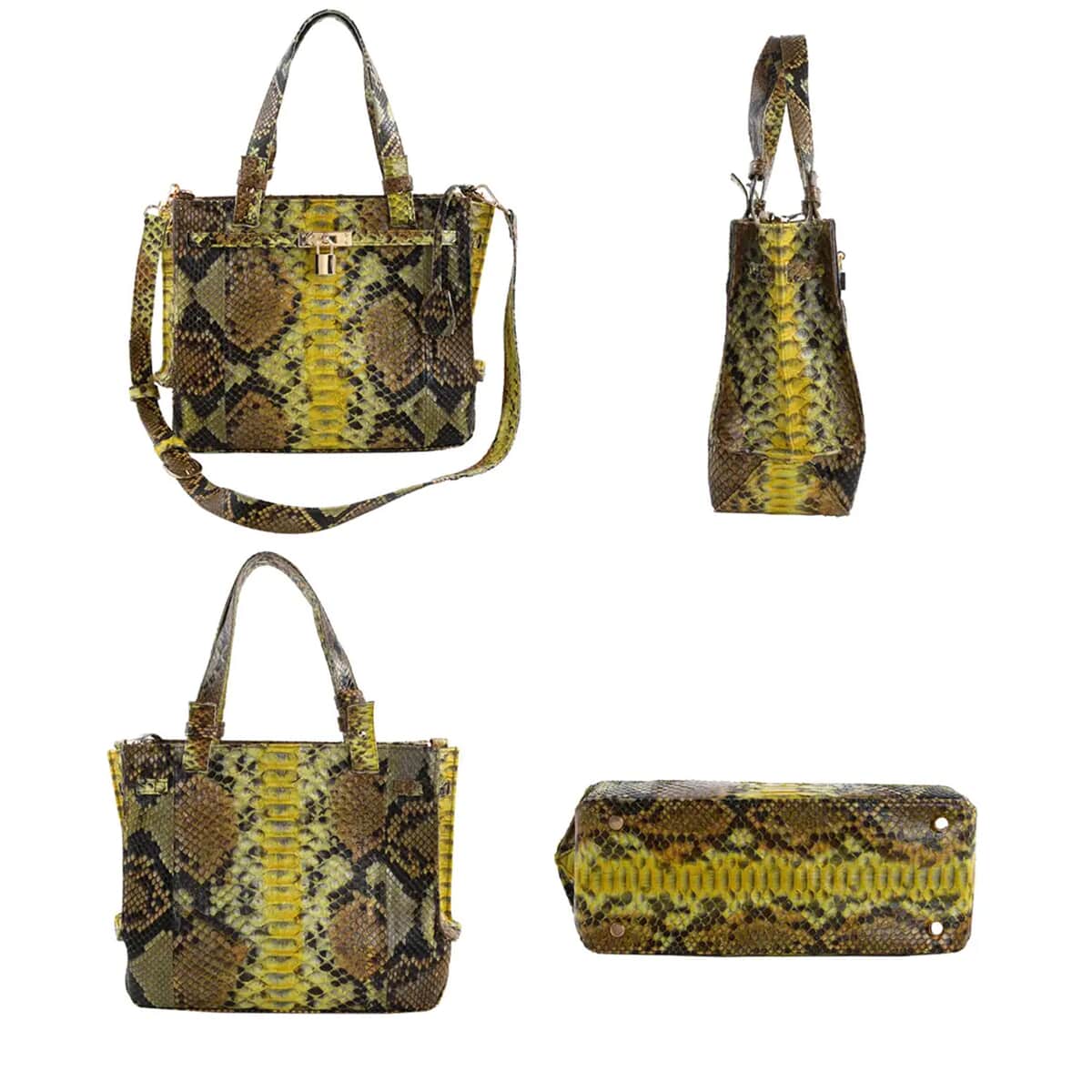 The Pelle Python Collection Handmade 100% Genuine Python Leather Yellow & Brown Tote Bag (12"x10"x4.5") image number 4