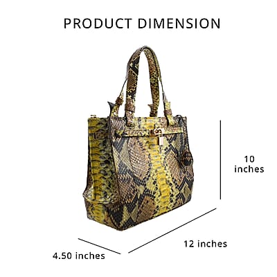 The Pelle Collection Handmade 100% Genuine Python Leather Tote Bag, Yellow & Brown Work Tote Bag For Women, Zipper Bag For Office