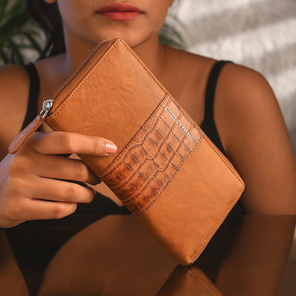 Union Code Tan Croco Embossed Genuine Leather RFID Wallet image number 2