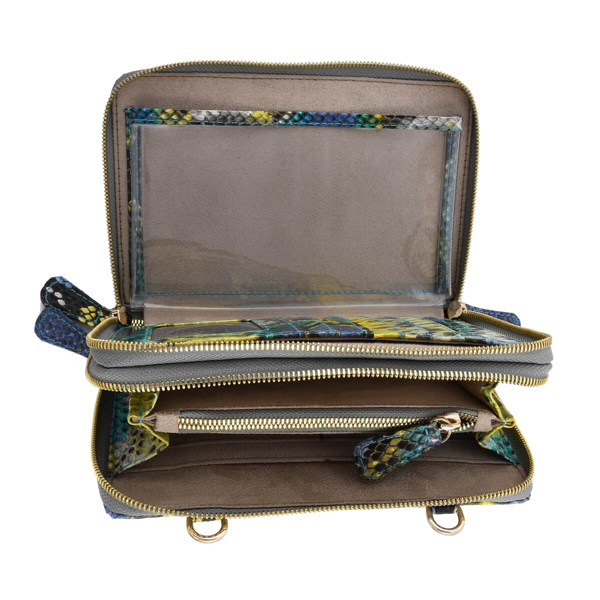 The Pelle Python Collection Handmade 100 % Genuine Python Leather Blue Crossbody Wallet (8"x5"x1.69") image number 2