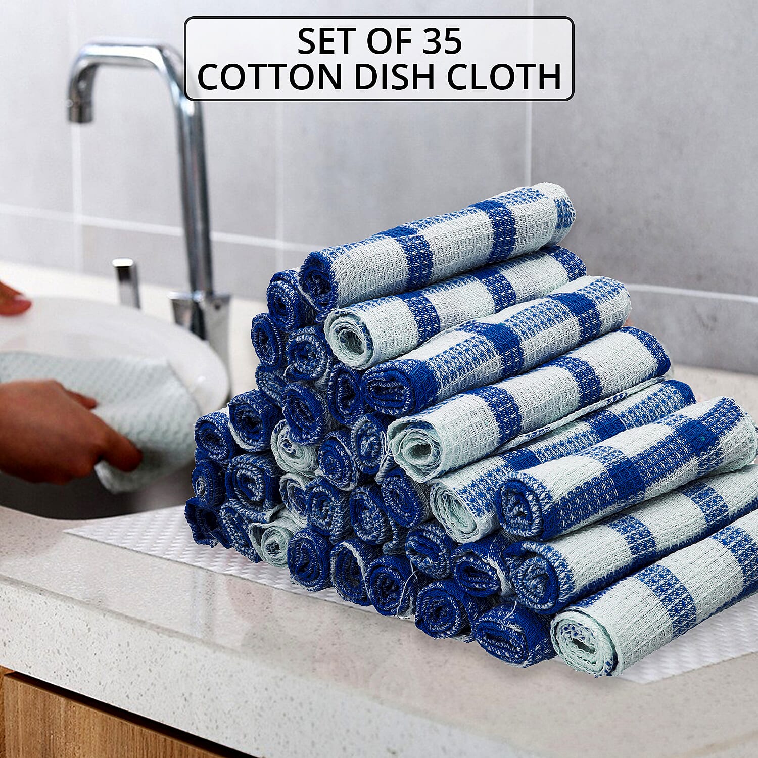 Set of 35 Blue Checkered Pattern Cotton Dish Cloth