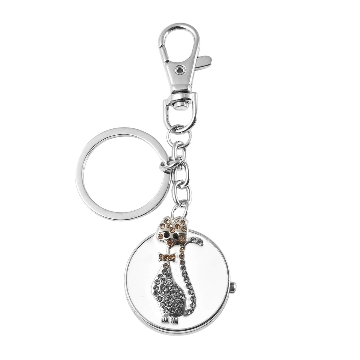STRADA Japanese Movement Gold and Black Austrian Crystal, Enameled Cat Pattern Keychain Watch in Silvertone image number 0