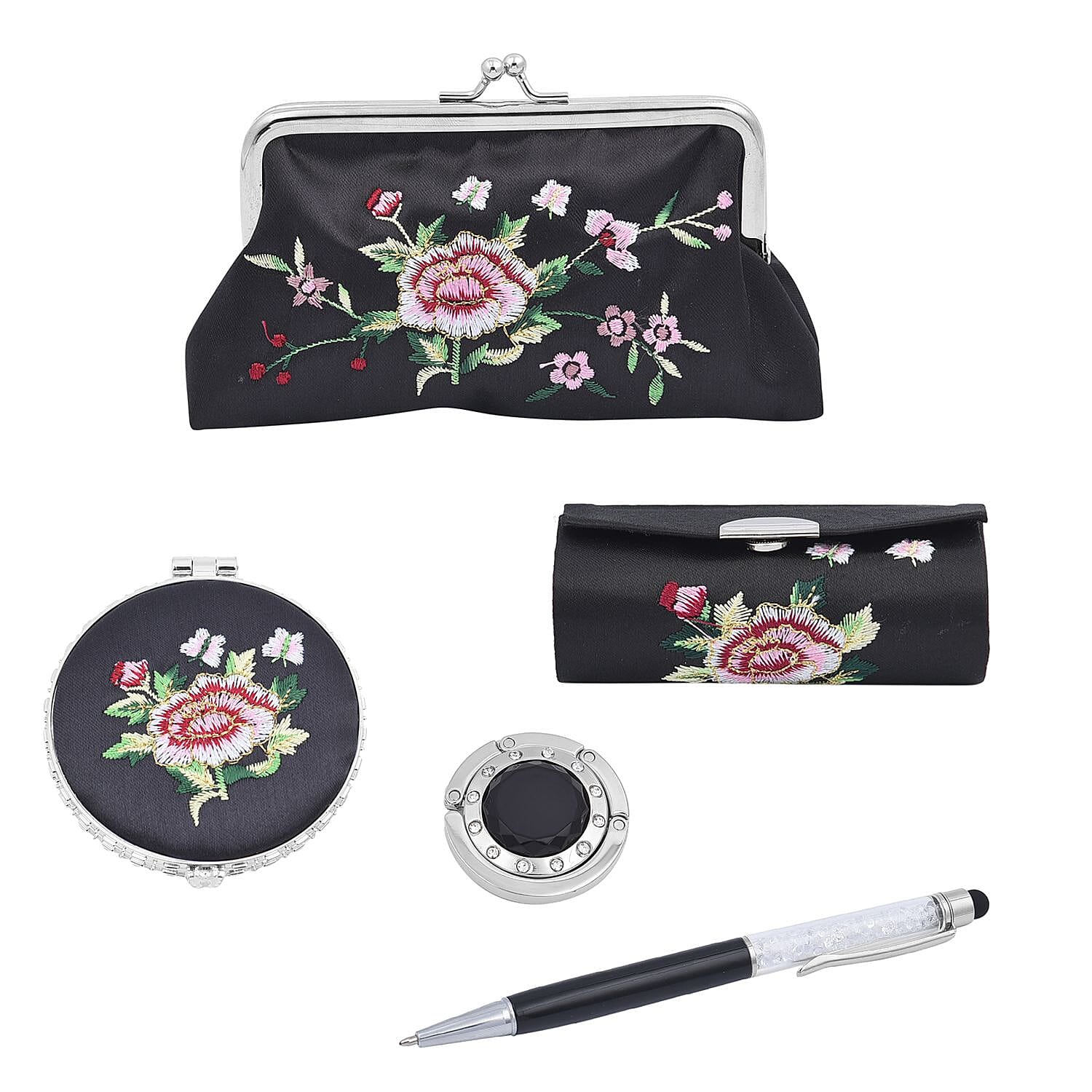 Set of 5 Black Embroidered Flower Pattern Compact Mirror, Lipstick Case, Coin Purse, Bag Holder and 2 in 1 Multi-functional Ball Point Pen