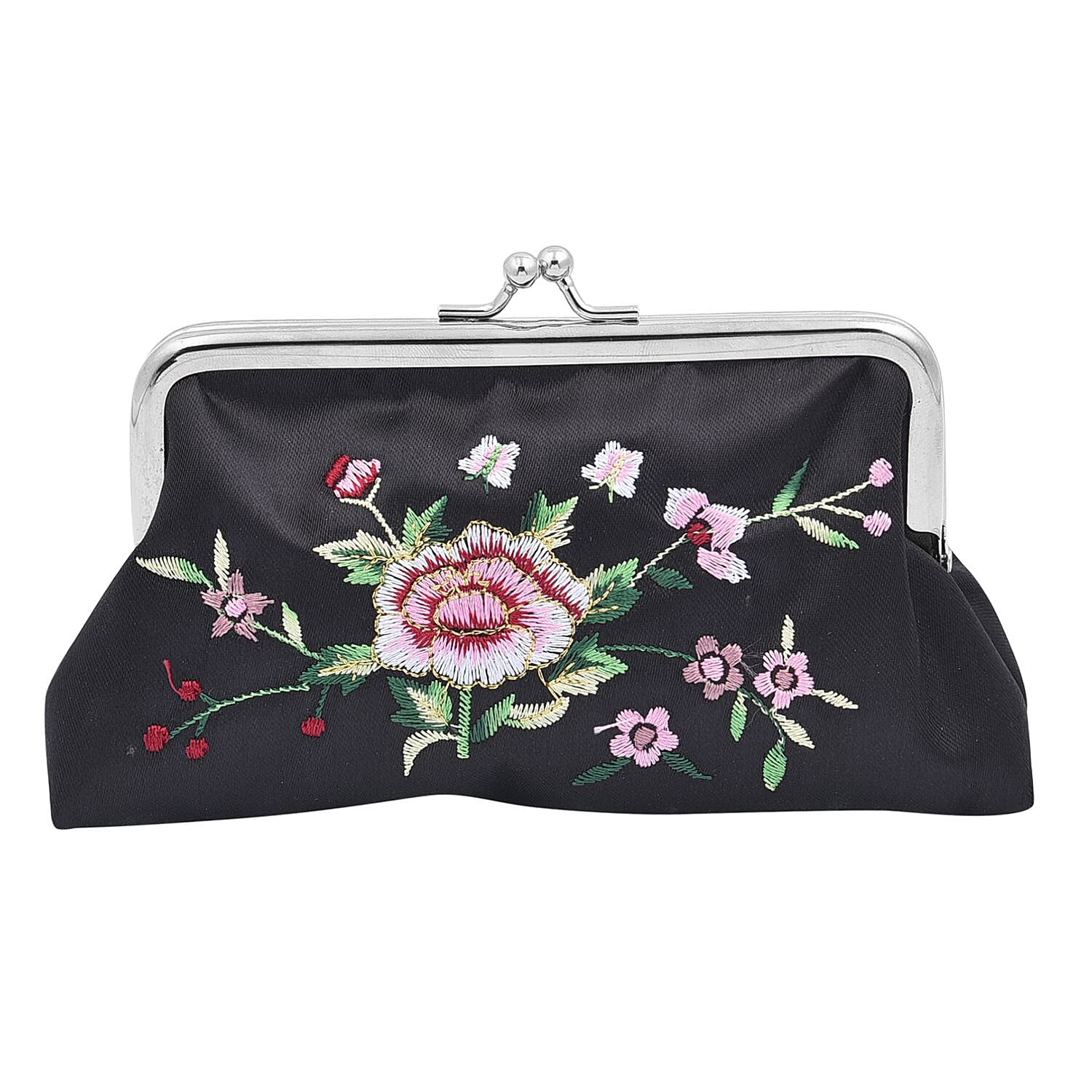 Set of 5 Black Embroidered Flower Pattern Compact Mirror, Lipstick Case, Coin Purse, Bag Holder and 2 in 1 Multi-functional Ball Point Pen