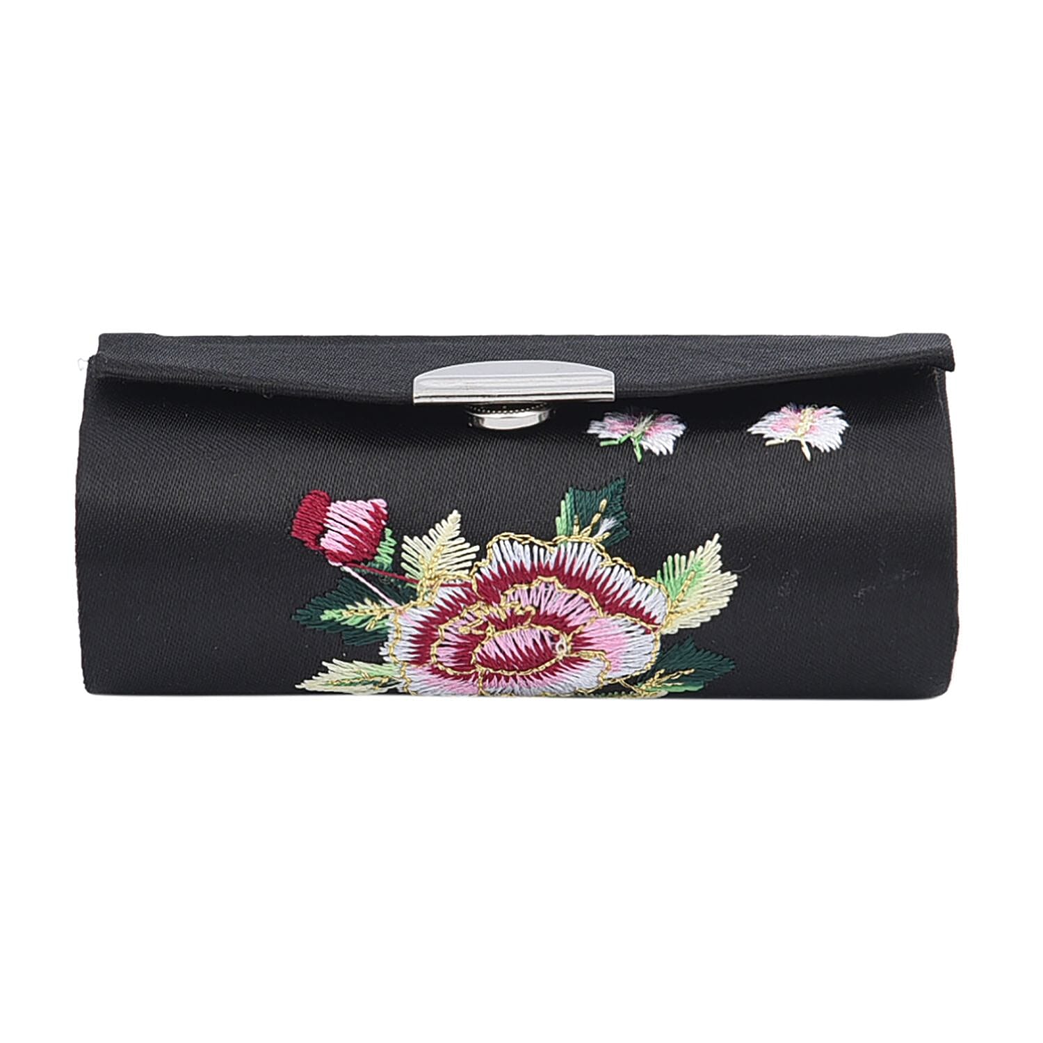 Set of 5 Black Embroidered Flower Pattern Compact Mirror, Lipstick Case, Coin Purse, Bag Holder and 2 in 1 Multi-functional Ball Point Pen