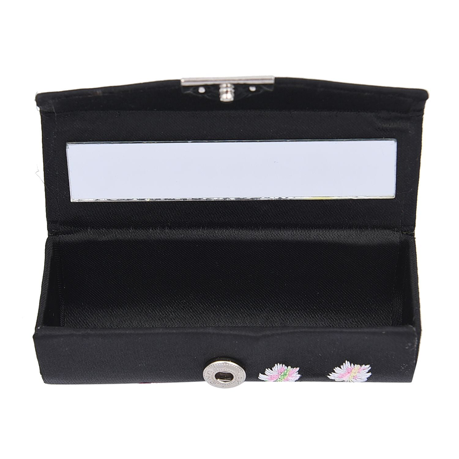 Set of 5 Black Embroidered Flower Pattern Compact Mirror, Lipstick Case, Coin Purse, Bag Holder and 2 in 1 Multi-functional Ball Point Pen