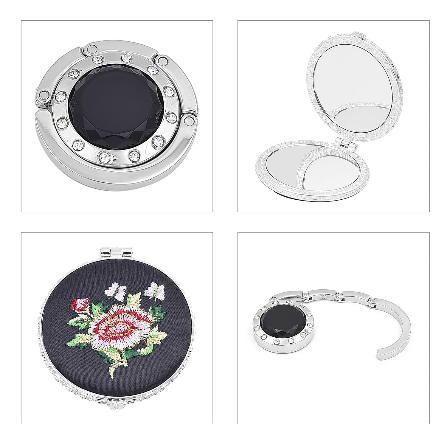 Set of 5 Black Embroidered Flower Pattern Compact Mirror, Lipstick Case, Coin Purse, Bag Holder and 2 in 1 Multi-functional Ball Point Pen