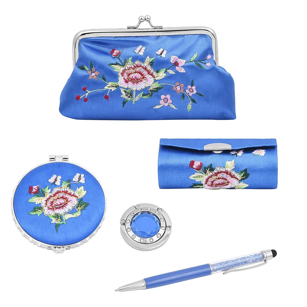 Set of 5 Royal Blue Embroidered Flower Pattern Compact Mirror, Lipstick Case, Coin Purse, Bag Holder and 2 in 1 Multi-functional Ball Point Pen image number 0