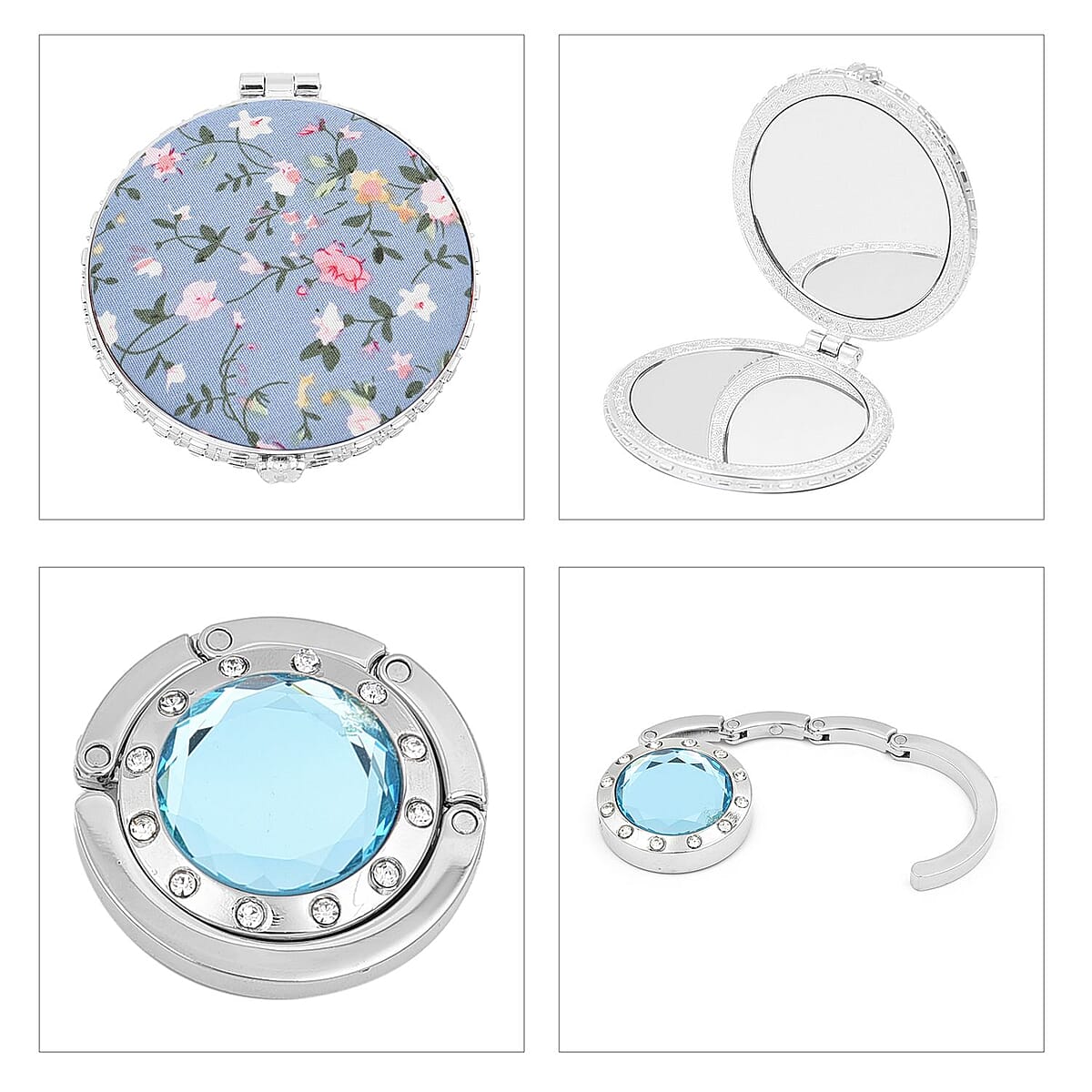 Set of 5 Blue Flower Pattern Compact Mirror, Lipstick Case, Coin Purse, Bag Holder and 2 in 1 Multi-functional Ball Point Pen image number 5