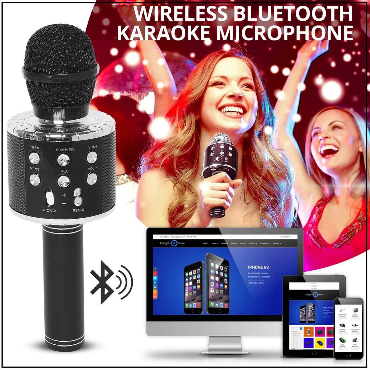 Black Wireless Bluetooth Karaoke Microphone with LED Lights and USB Charger image number 1