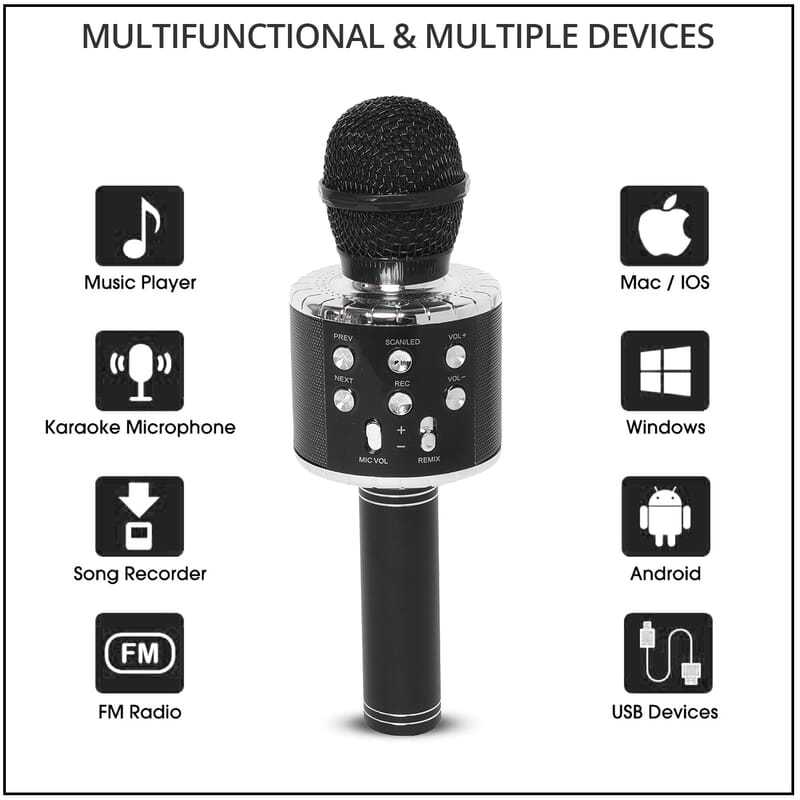 Black Wireless Bluetooth Karaoke Microphone with LED Lights and USB Charger