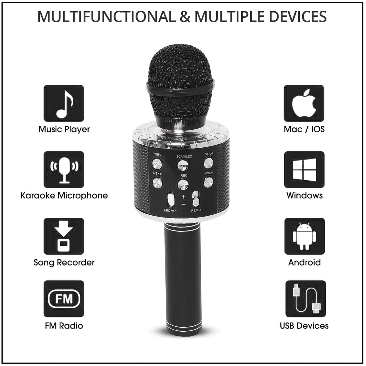 Black Wireless Bluetooth Karaoke Microphone with LED Lights and USB Charger image number 2