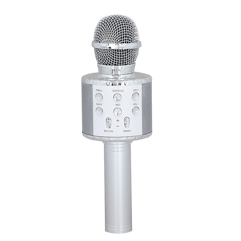 Silver Wireless Bluetooth Karaoke Microphone with LED Lights and USB Charger
