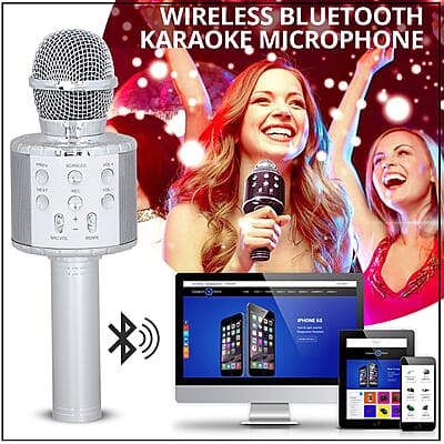 Silver Wireless Bluetooth Karaoke Microphone with LED Lights and USB Charger