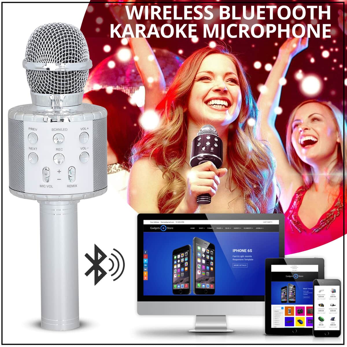 Silver Wireless Bluetooth Karaoke Microphone with LED Lights and USB Charger image number 1