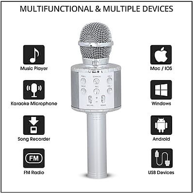 Silver Wireless Bluetooth Karaoke Microphone with LED Lights and USB Charger