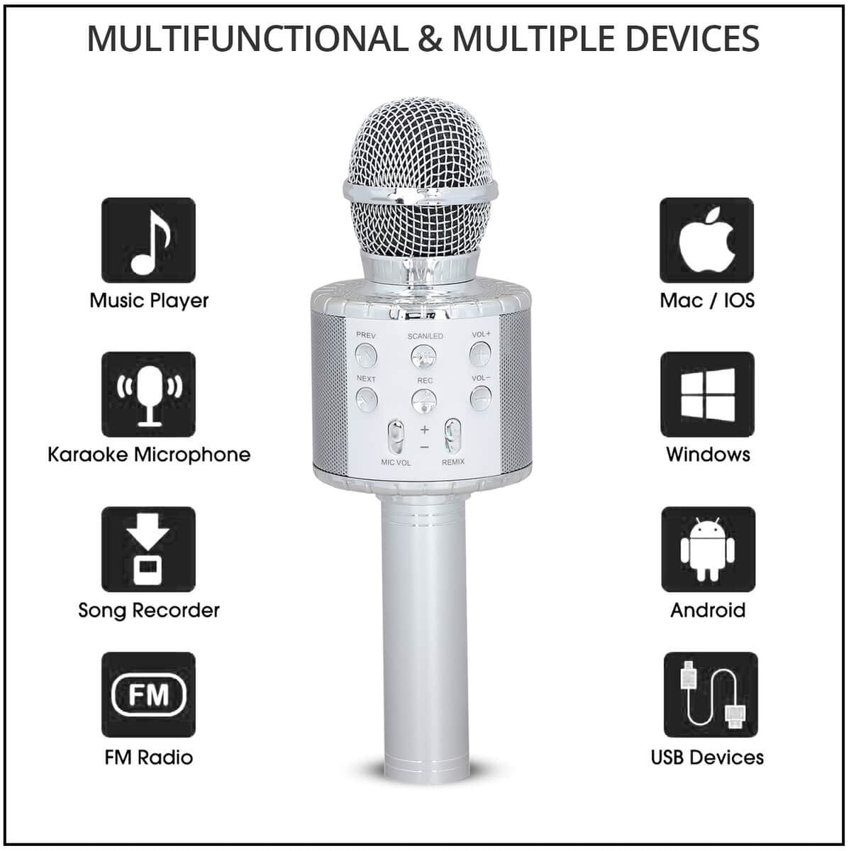 Silver Wireless Bluetooth Karaoke Microphone with LED Lights and USB Charger image number 2