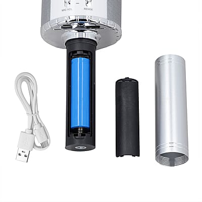 Silver Wireless Bluetooth Karaoke Microphone with LED Lights and USB Charger