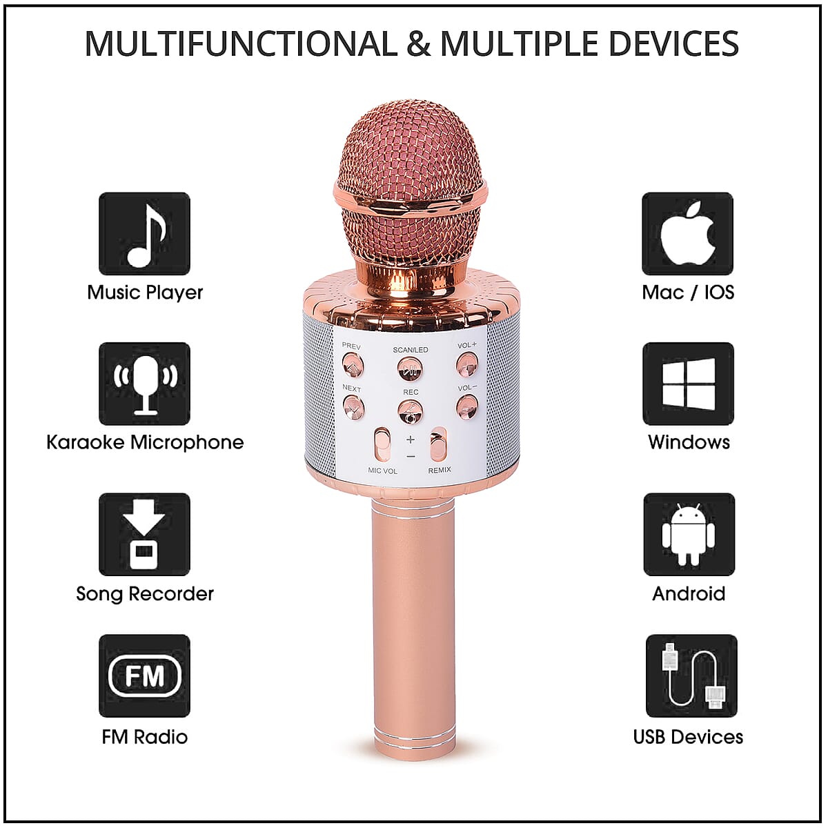 Rose Gold Wireless Bluetooth Karaoke Microphone with LED Lights and USB Charger image number 2