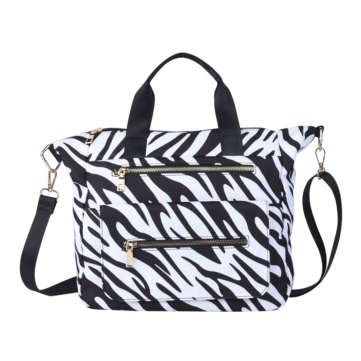 Black Color White Zebra Pattern Nylon Convertible Bag (12"x4"x11.5") with Handle and Shoulder Strap image number 0