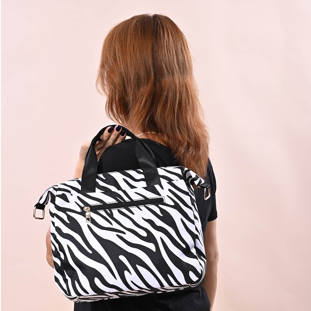 Black Color White Zebra Pattern Nylon Convertible Bag (12"x4"x11.5") with Handle and Shoulder Strap image number 2