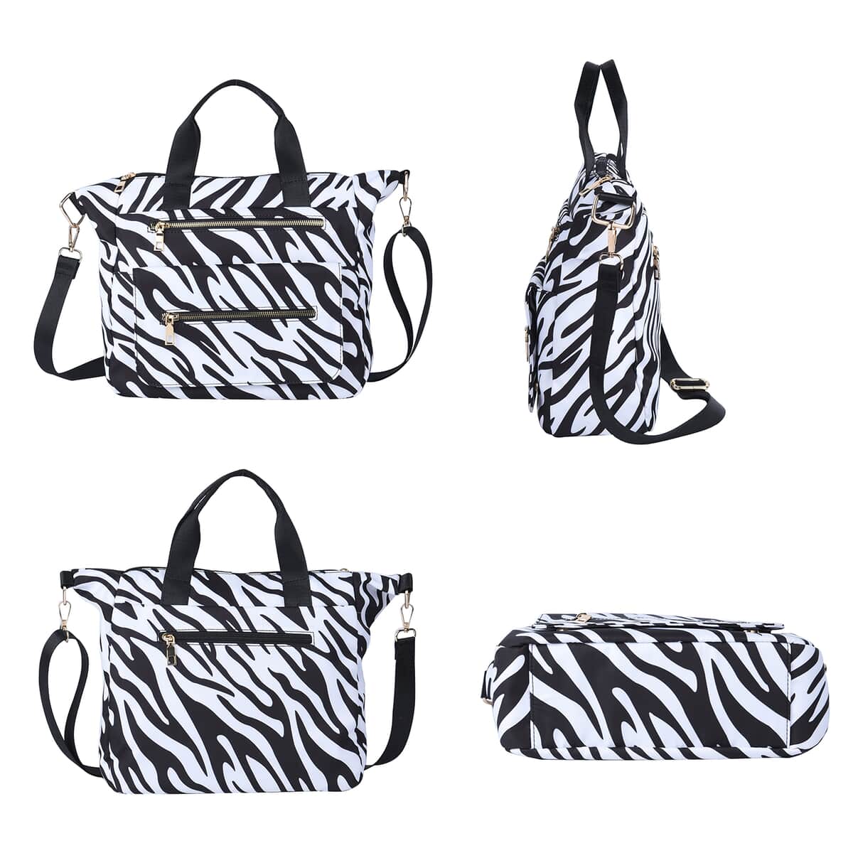Black Color White Zebra Pattern Nylon Convertible Bag (12"x4"x11.5") with Handle and Shoulder Strap image number 3
