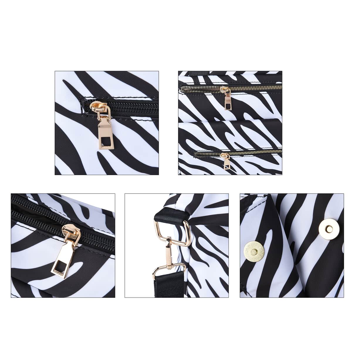 Black Color White Zebra Pattern Nylon Convertible Bag (12"x4"x11.5") with Handle and Shoulder Strap image number 4