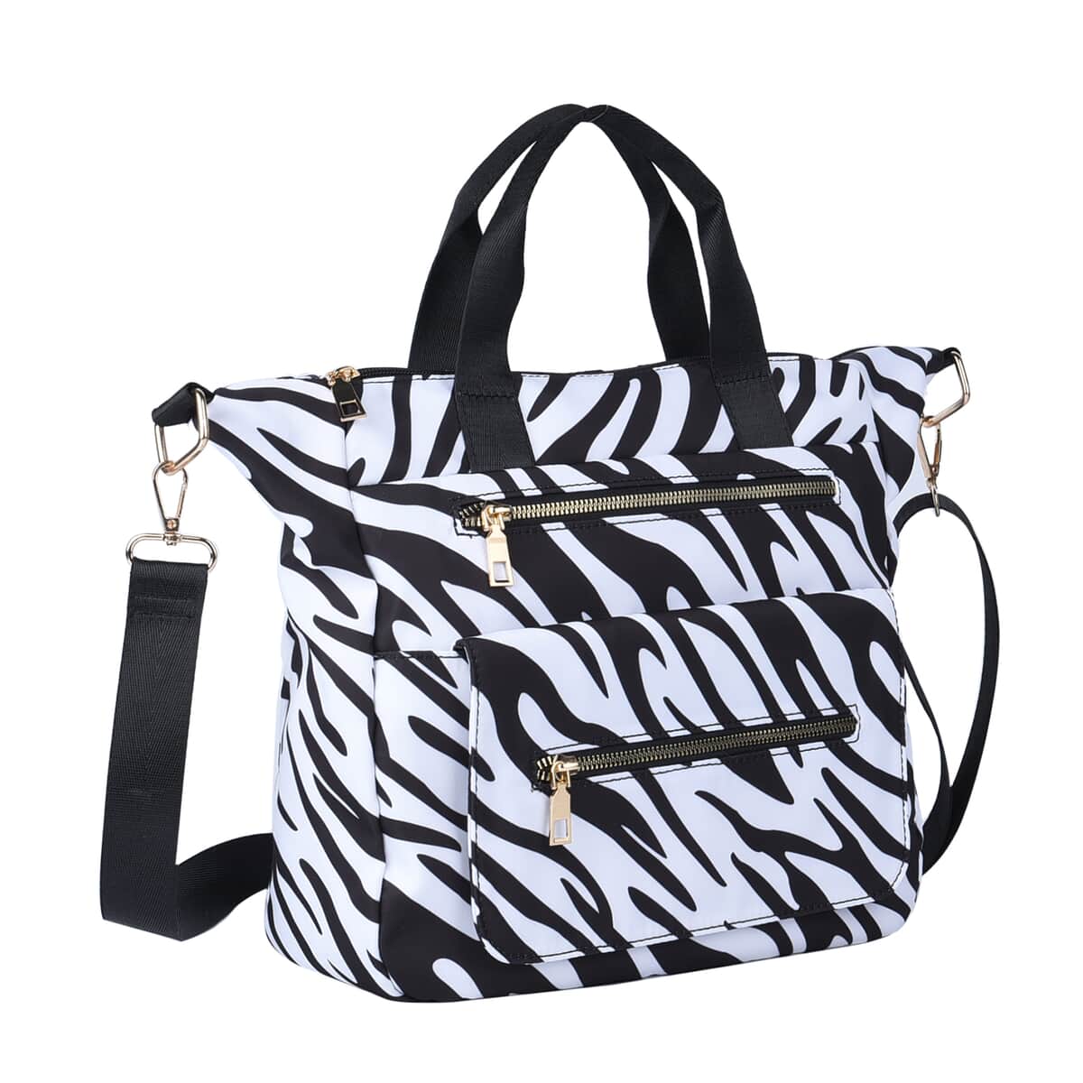 Black Color White Zebra Pattern Nylon Convertible Bag (12"x4"x11.5") with Handle and Shoulder Strap image number 6