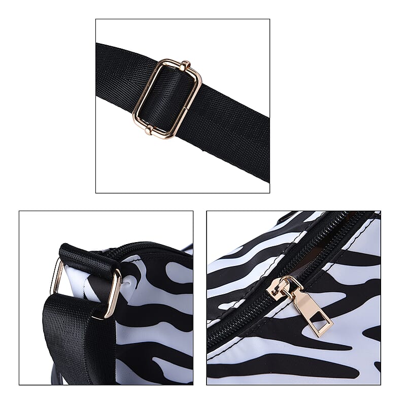 Black Color White Zebra Print Pattern Nylon Convertible Bag with Shoulder Strap