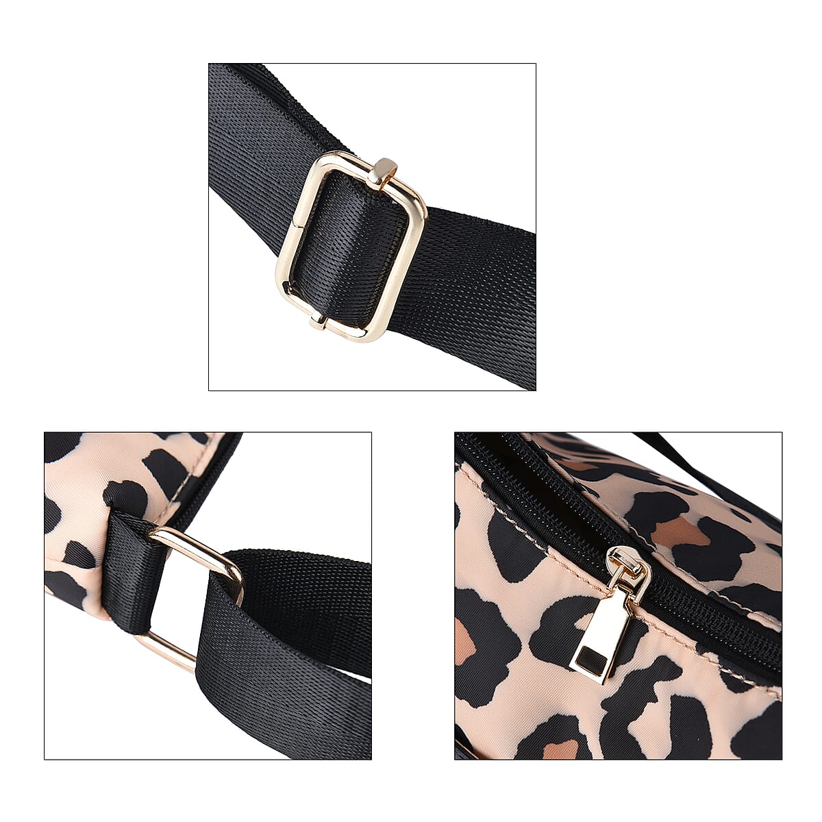 Brown Color Black Leopard Print Pattern Nylon Convertible Bag with Shoulder Strap image number 4