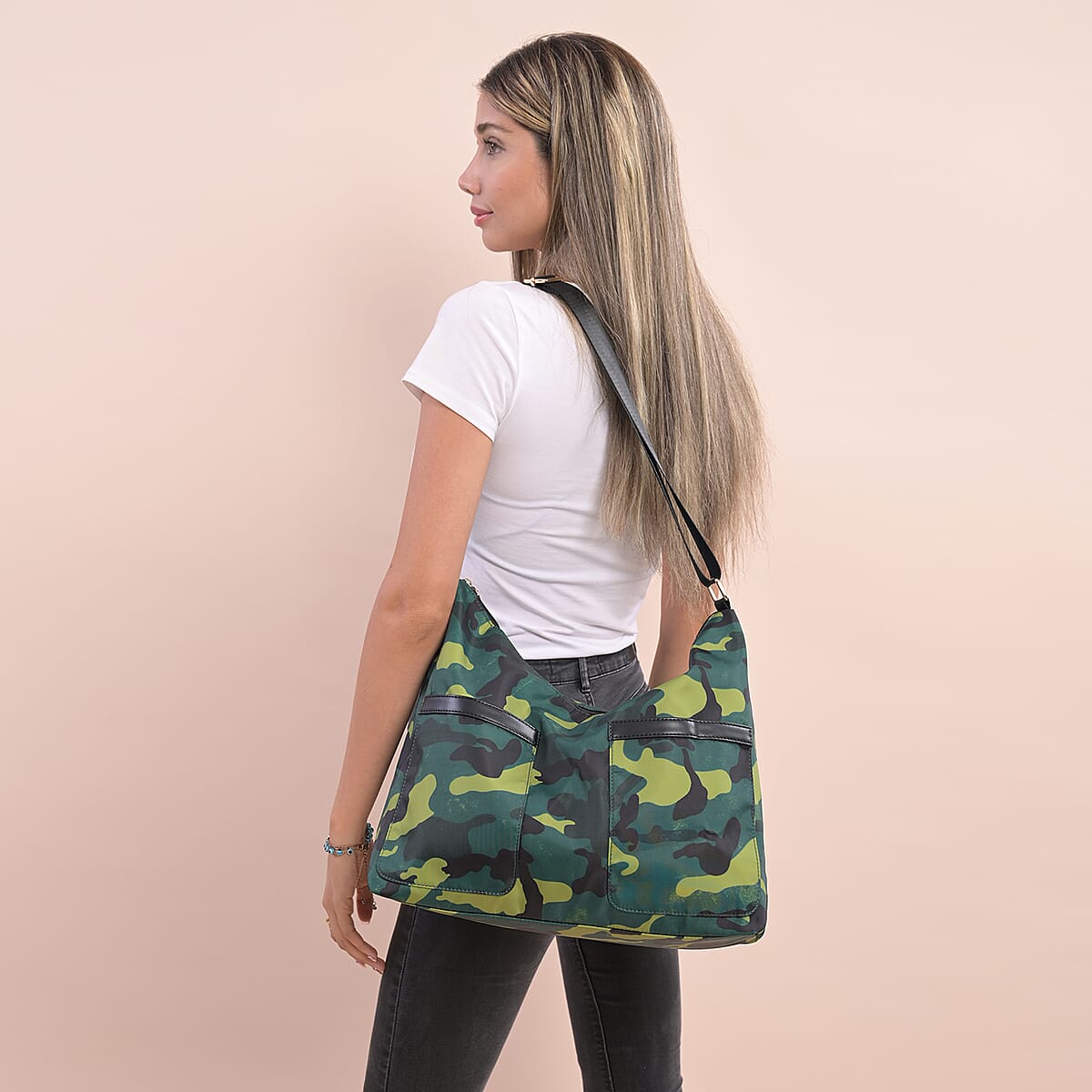 Green Color Striking Green Camouflage Print Pattern Nylon Convertible Bag with Shoulder Strap image number 2
