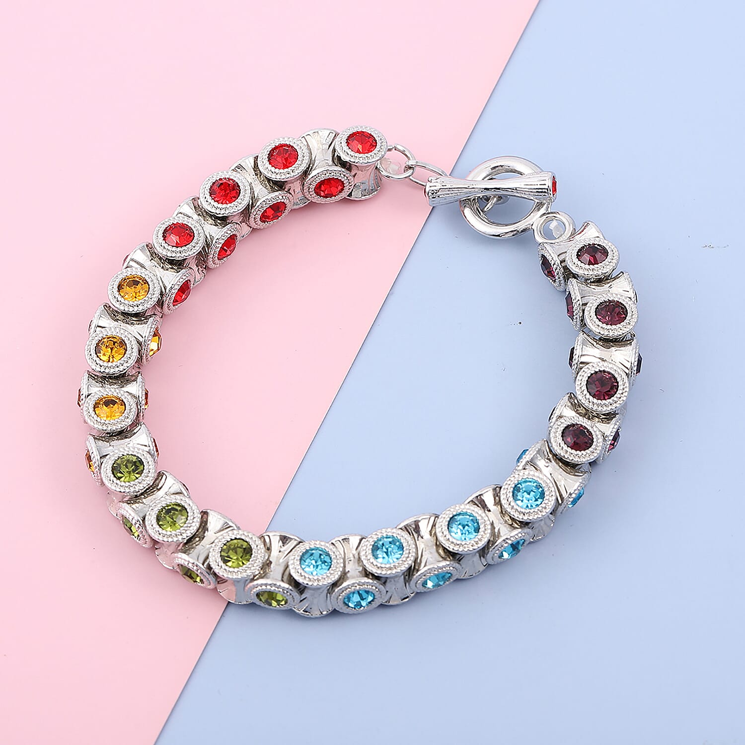 Multi Color Austrian Crystal Bracelet in Silvertone (6.75 In)