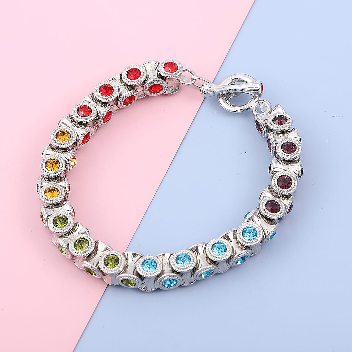 Multi Color Austrian Crystal Bracelet in Silvertone (6.75 In) image number 1