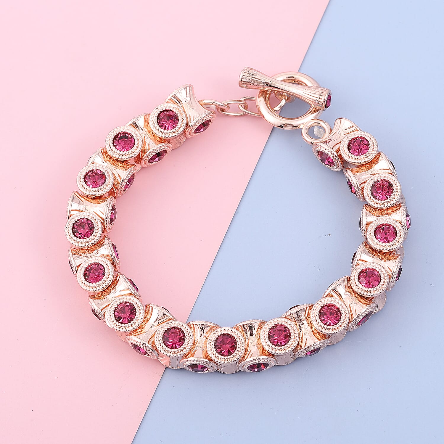 Fuchsia Color Austrian Crystal Bracelet in Rosetone (6.75 In)