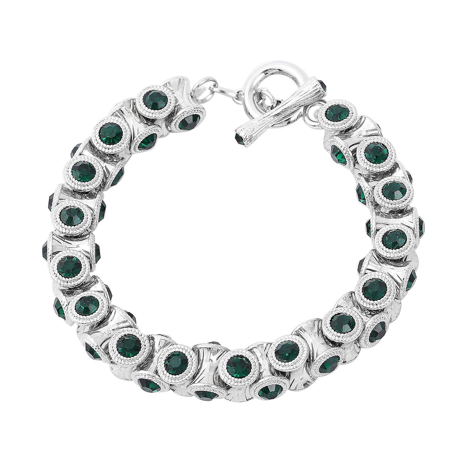 Green Austrian Crystal Bracelet in Silvertone (6.75 In)