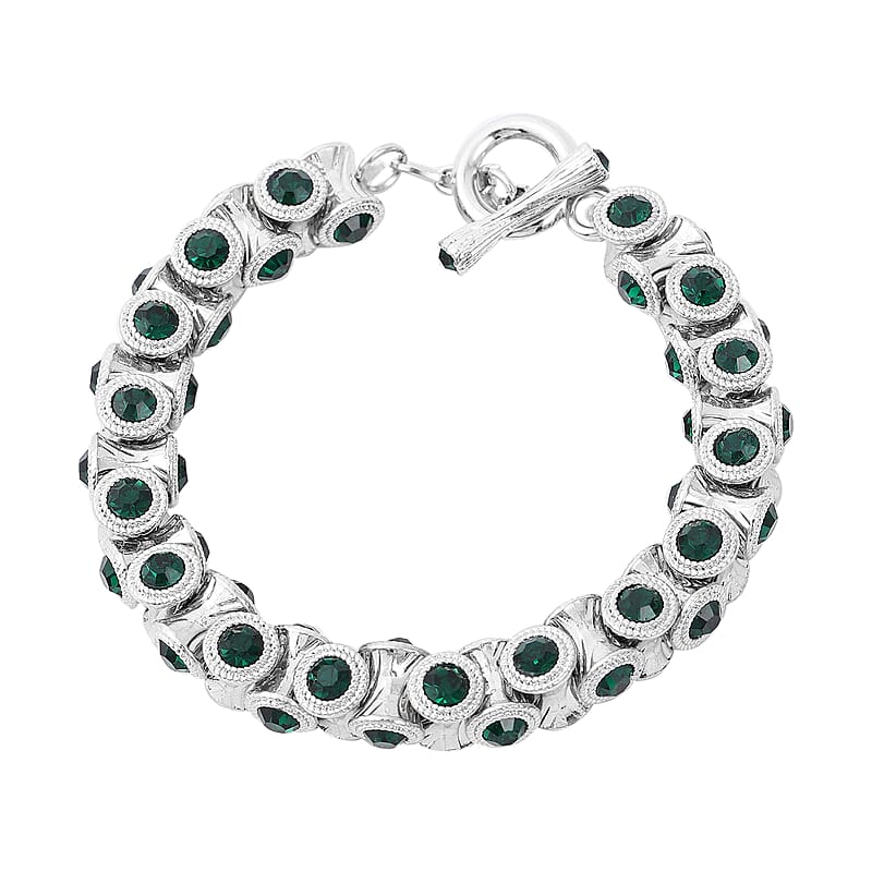 Green Austrian Crystal Bracelet in Silvertone (6.75 In)