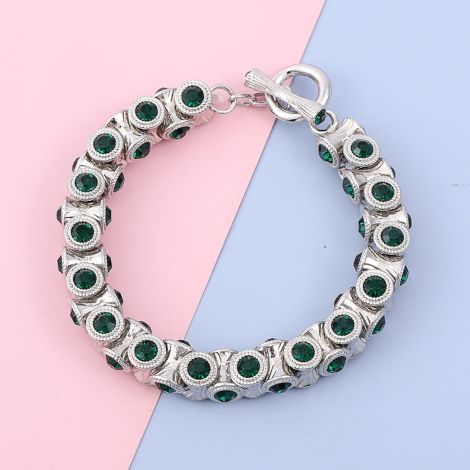 Green Austrian Crystal Bracelet in Silvertone (6.75 In)