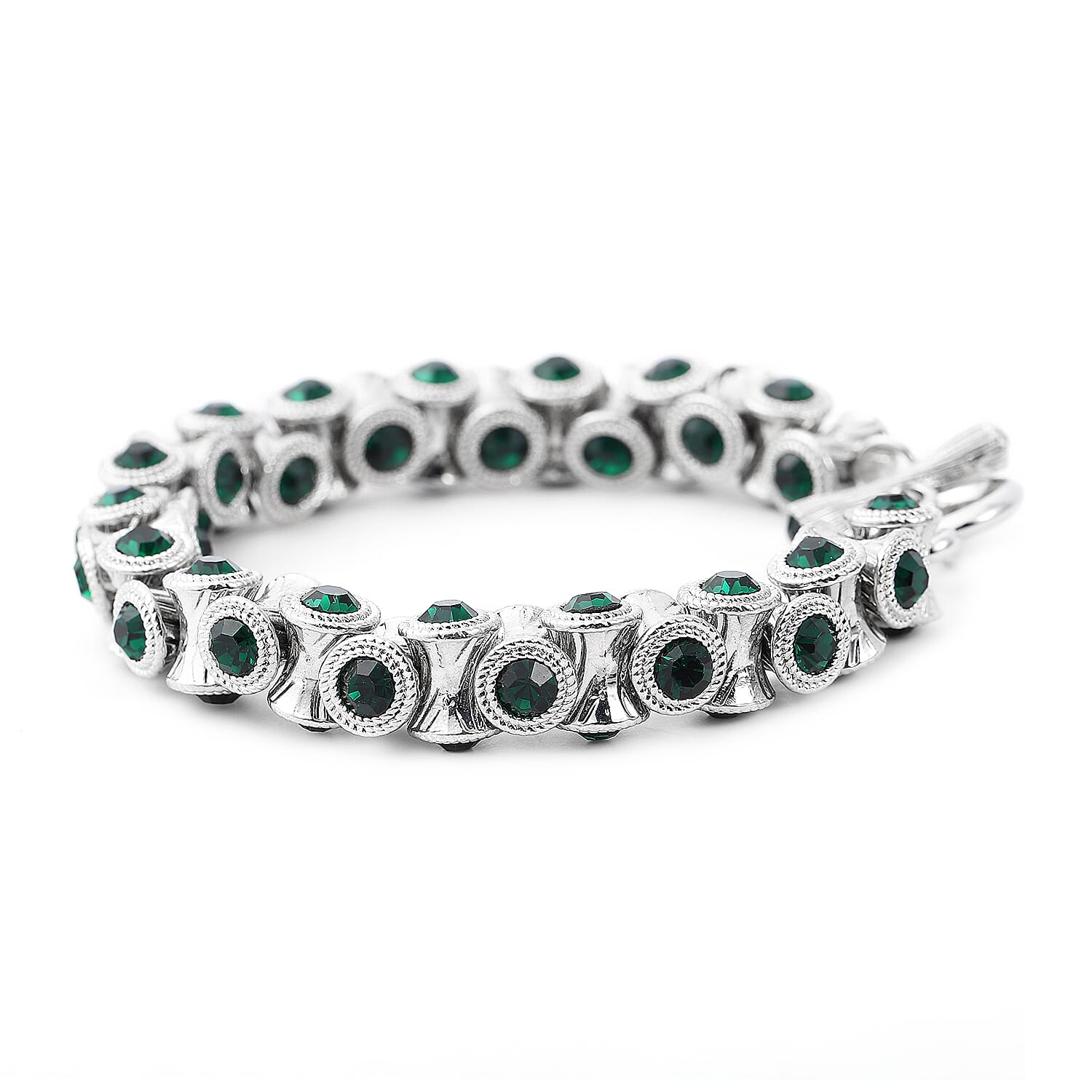 Green Austrian Crystal Bracelet in Silvertone (6.75 In)