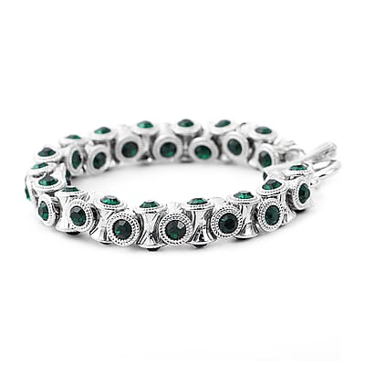 Green Austrian Crystal Bracelet in Silvertone (6.75 In)