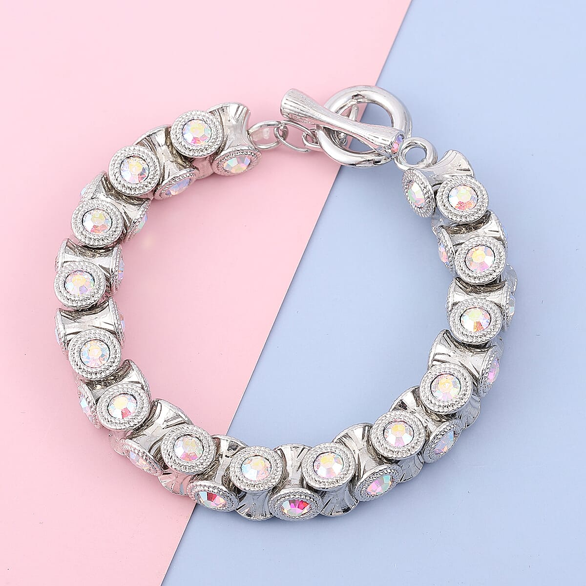 White Aurora Borealis Austrian Crystal Bracelet in Silvertone (7.50 In) image number 1