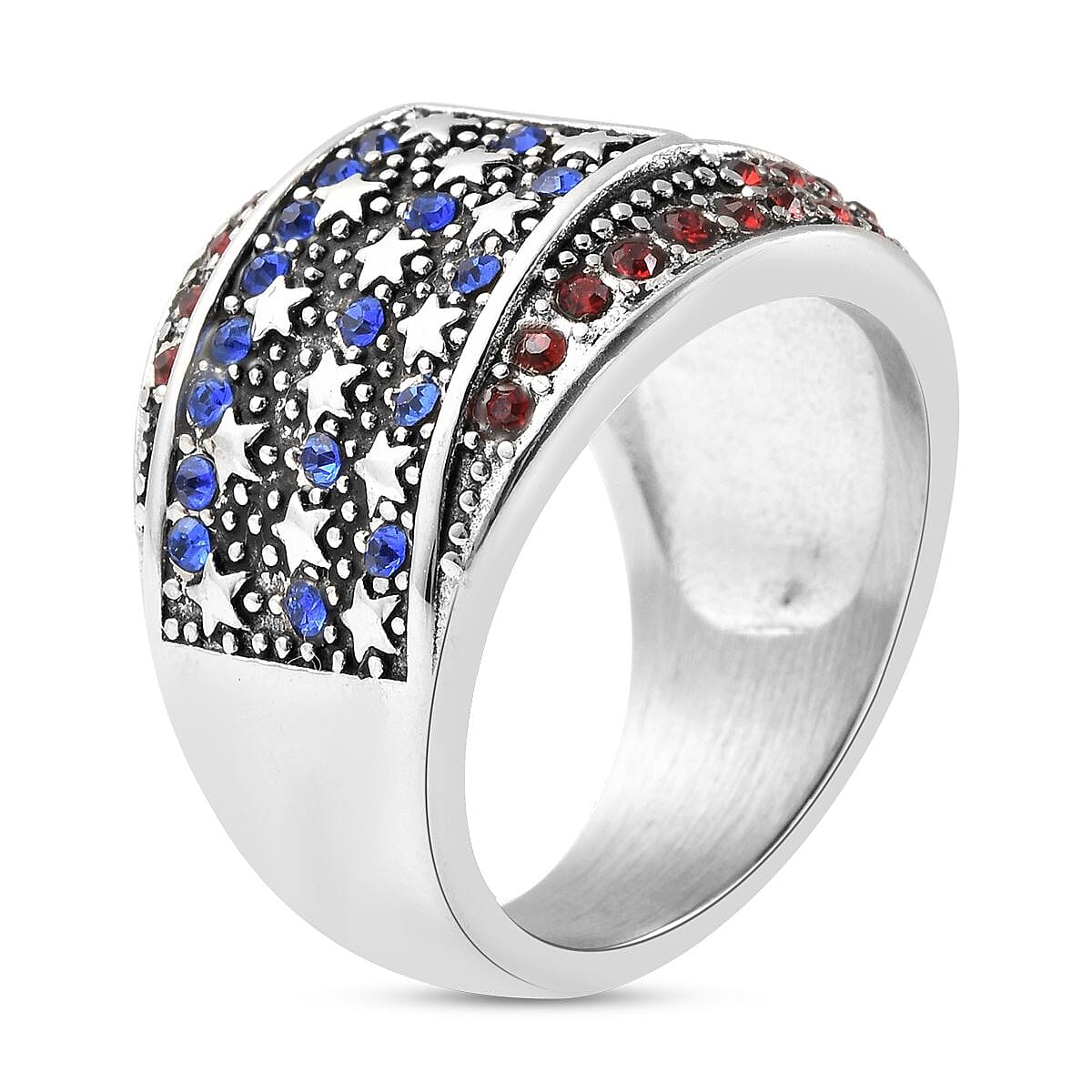 Multi Color Austrian Crystal American National Flag Pattern Ring in Stainless Steel (Size 10.0) , Tarnish-Free, Waterproof, Sweat Proof Jewelry