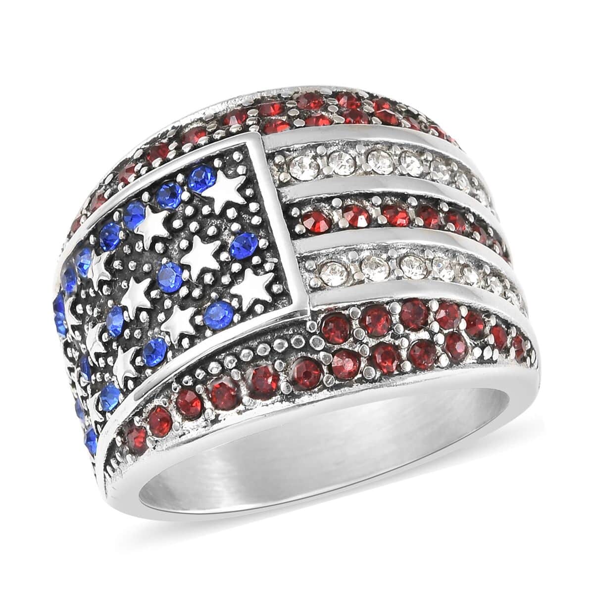 Multi Color Austrian Crystal American National Flag Pattern Ring in Stainless Steel (Size 6.0) , Tarnish-Free, Waterproof, Sweat Proof Jewelry image number 0