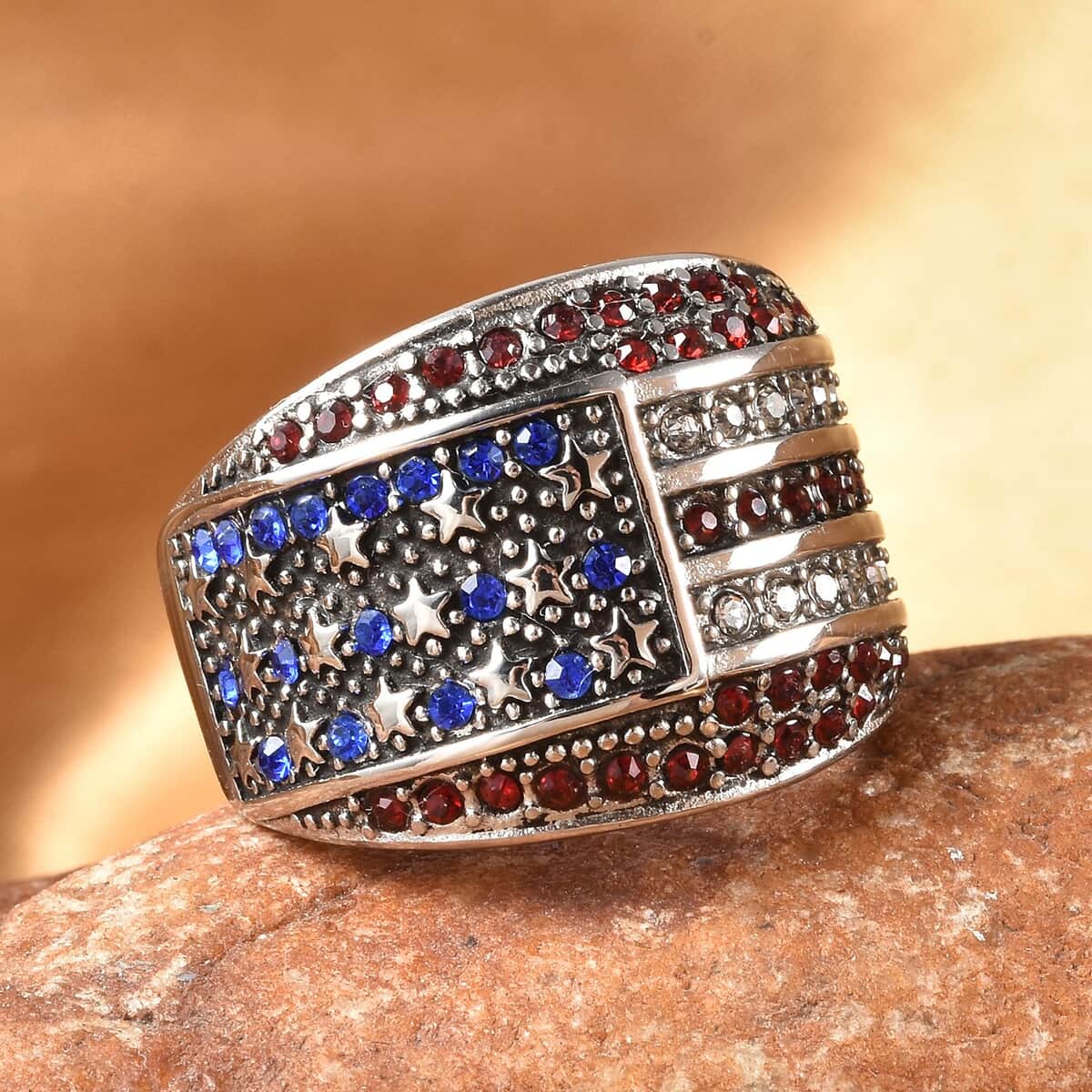 Multi Color Austrian Crystal American National Flag Pattern Ring in Stainless Steel (Size 6.0) , Tarnish-Free, Waterproof, Sweat Proof Jewelry image number 1